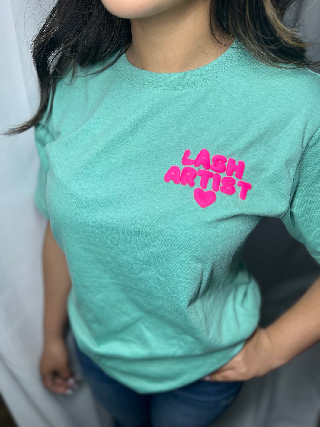 Lash Artist Mint/Teal T-Shirt (Hot pink puff out letters)